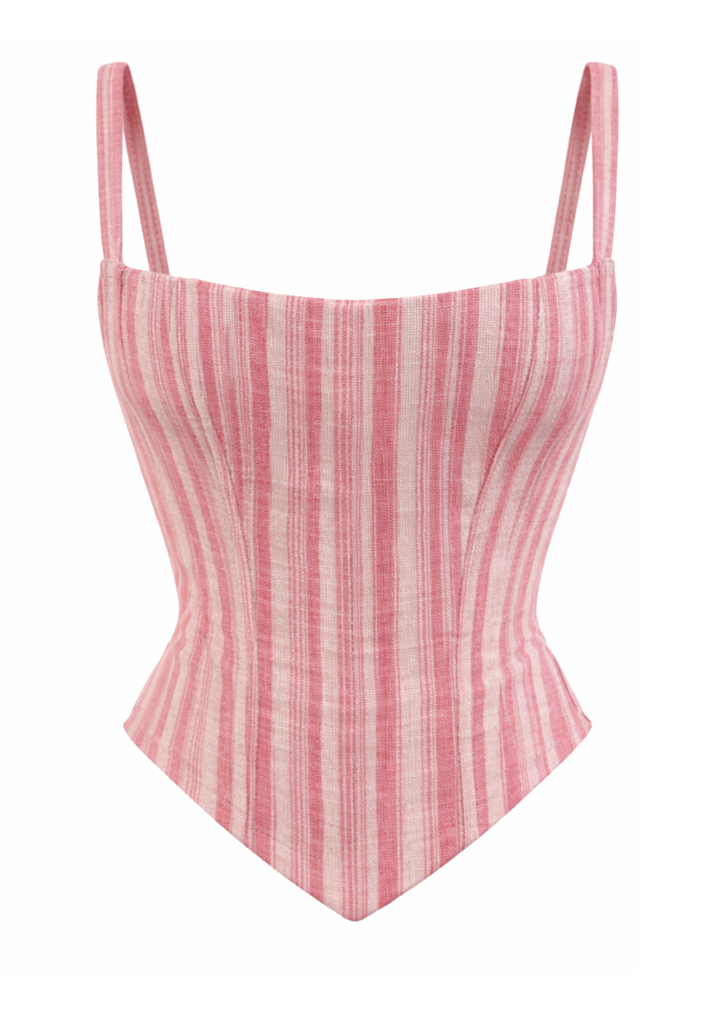 Pink and white striped khadi corset top with thin straps.