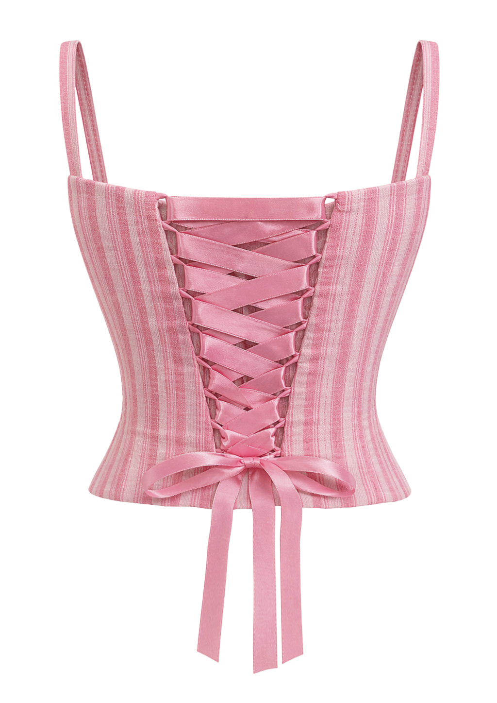 Adjustable back of a pink and white striped khadi corset top with thin straps.