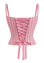 Adjustable back of a pink and white striped khadi corset top with thin straps.
