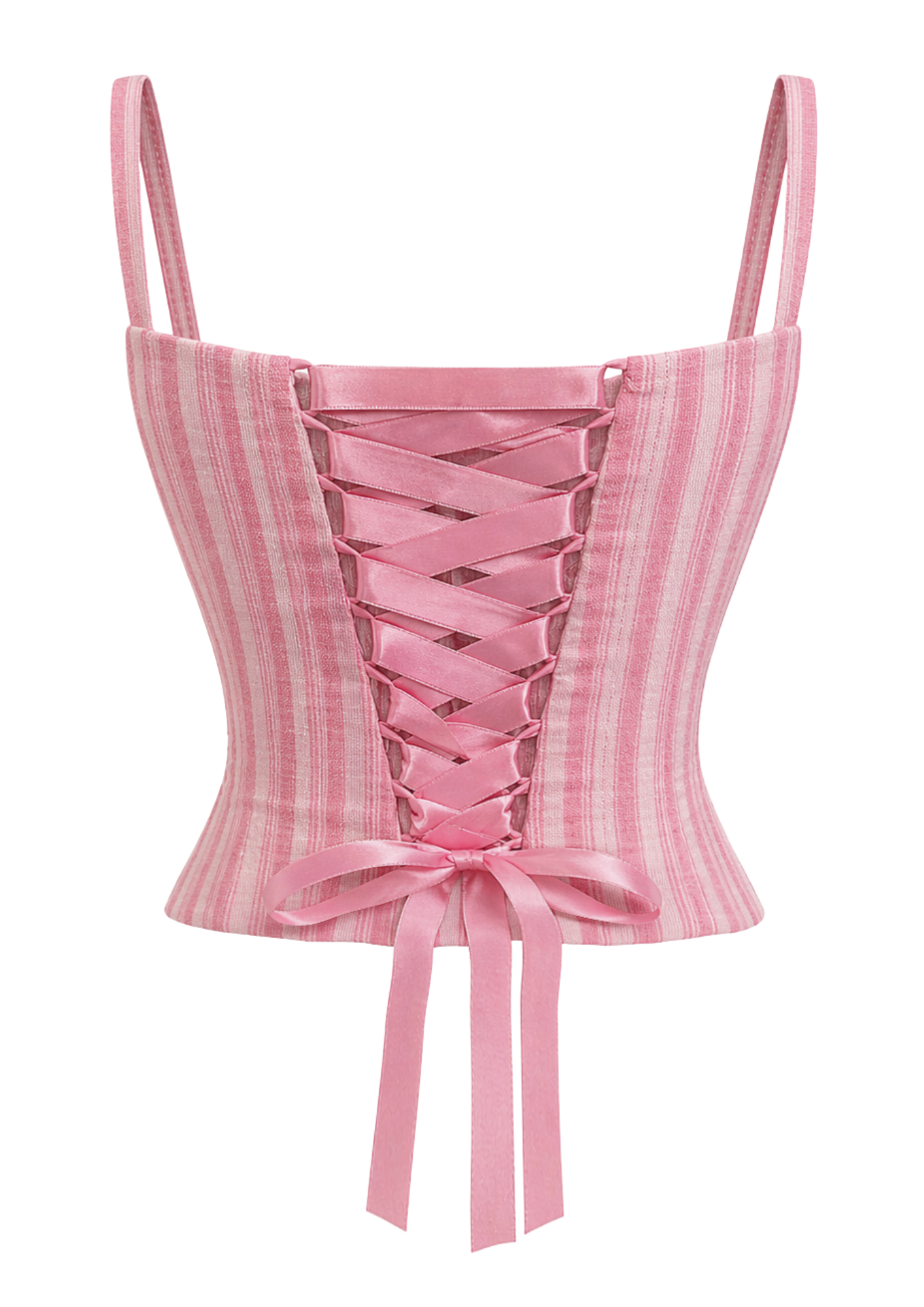 Adjustable back of a pink and white striped khadi corset top with thin straps.